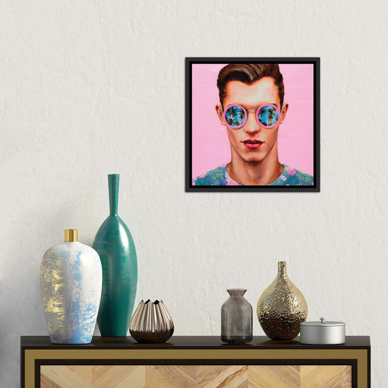 «Rose lunettes de soleil» - imprimé, Toile avec cadre noir patiné, H 18 po x l 18 po x 1,5 po