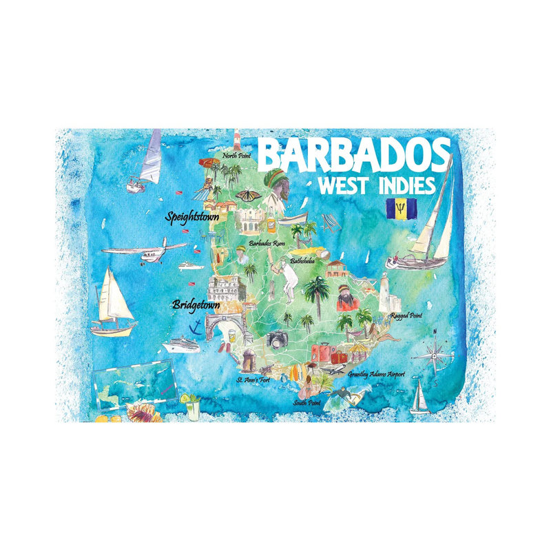 Barbados Antilles Illustrated Caribbean Map With Highlights Of West Indies Island Dream By Markus & Martina Bleichner - Wrapped Canvas Graphic Art by Markus & Martina Bleichner - Wrapped Canvas Gallery-Wrapped Canvas Giclée