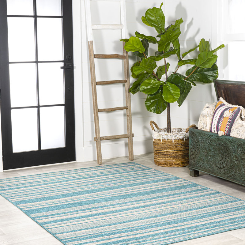 Raygoza Wavy Stripe Modern Aqua/Cream Indoor/Outdoor Rug, Rectangle 2'11" x 5'