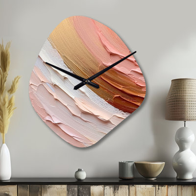 Peach and Gold Spiral Radiance - Abstract Spirals Unique Shape Metal Wall Clock, Modern Asymmetrical Wall Clock Print