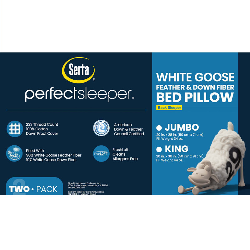 2-Pack = Serta 233 Thread Count White Goose Feather And White Goose Down Fibre Bed Pillow - Back Sleeper - King - By Serta