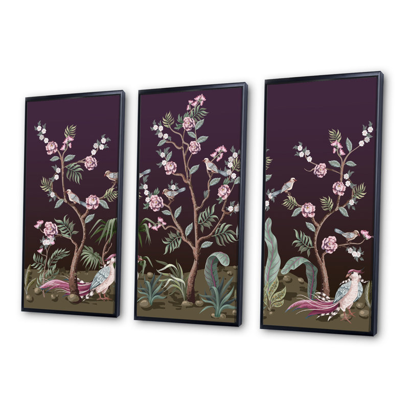 " Chinoiserie With Birds And Peonies I " 3 - Pieces Painting Print, Black Framed, 28" H x 36" W