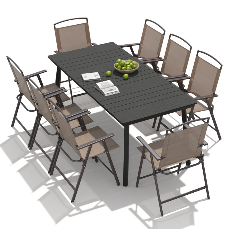 8 - Person Metal Patio Diining Set With Foldable Chairs And Umbrella Hole, Black, Brown