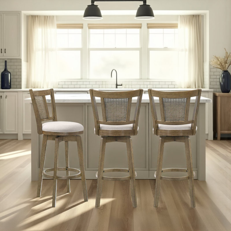Demeterius Counter Height Or Bar Height Rubberwood Barstool With Fabric Seat, Beige, Bar Stool (30.13” Seat Height), 3