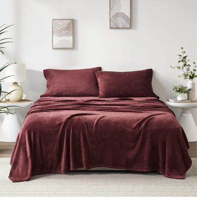 4 grandes draps bourgogne 100% ultra doux et douillet brossé des deux côtés Draps-housse plats 2 taies d'oreiller lavables à la machine