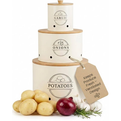 Stackable Garlic, Potato and Onion Storage Bin Canister Set for Kitchen,3-Piece Stackable Set of Premium Garlic, Onion and Potato Storage Bins w/ Air Ventilation Holes & Wooden Bamboo Lids (Cream)