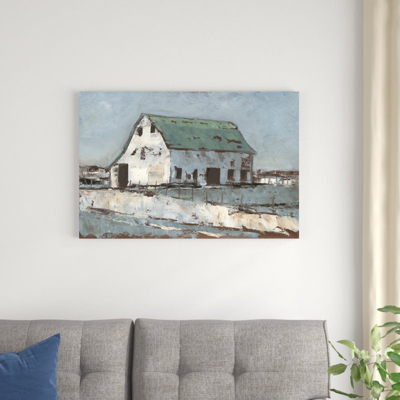 «Plein Air Barn II», peinture sur toile, H 24 po x l 36 po, Papier avec cadre simple noir, Non