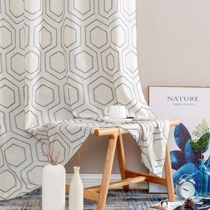 Linen Textured Honeycomb Embroidered Design Living Room Curtain Drapes, Blue, 54" W x 84" L