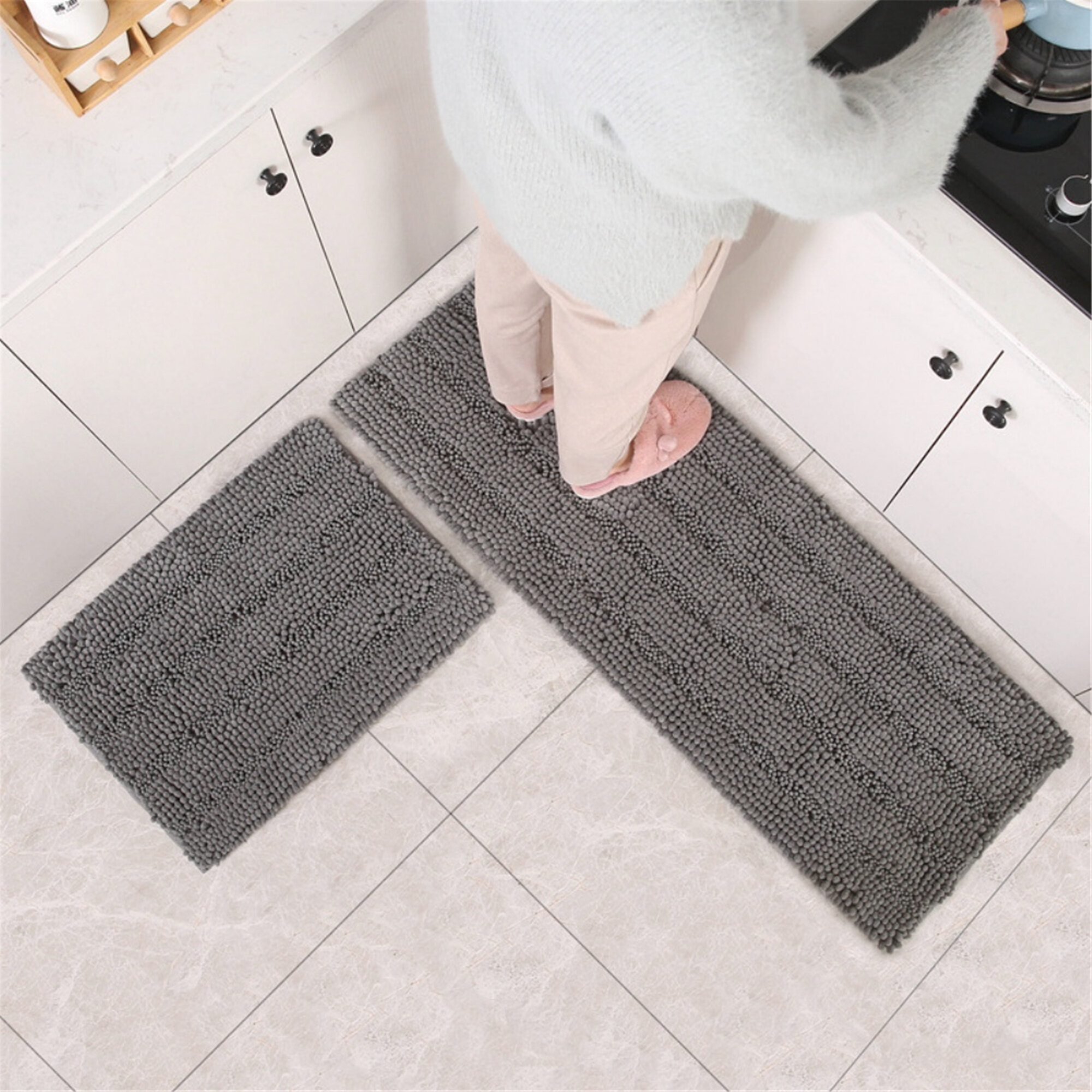 2 Piece Bathroom Rugs Bath Mat Set -Plush Chenille Shower Mats for Bathroom  Non-Slip Bath