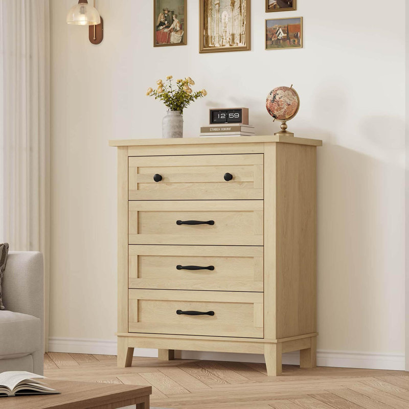 Commode 4 tiroirs en bois, commode haute 34,8 po avec anti-basculement, commode en bois autoportante pour chambre à coucher, salon, couleur bois naturel