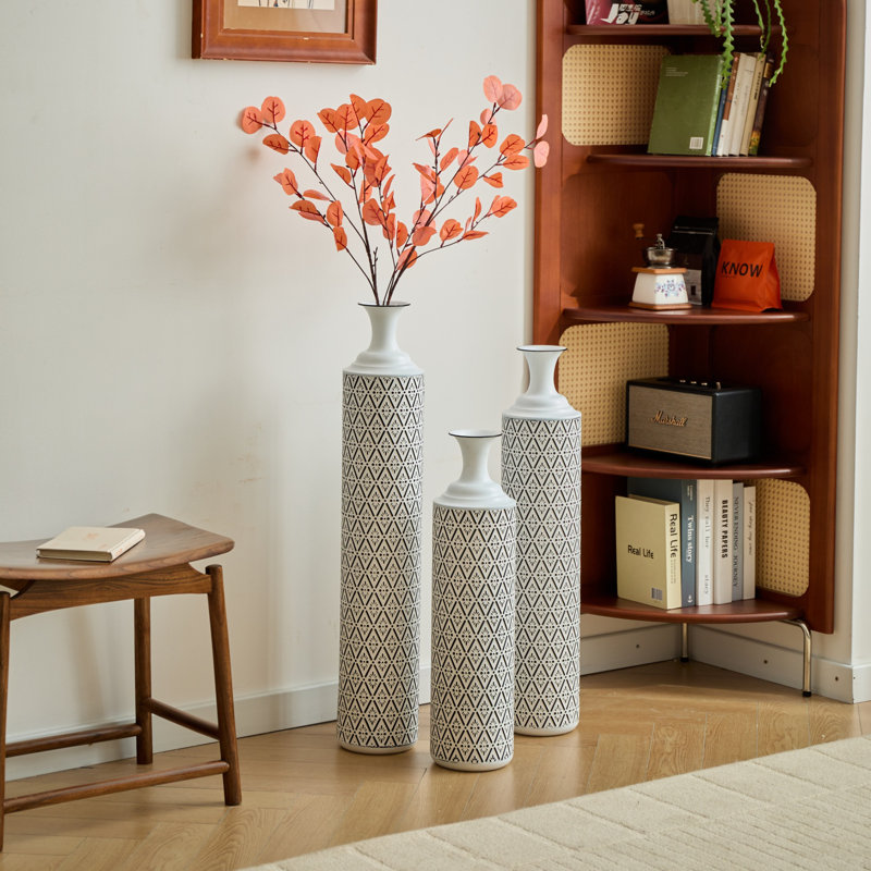 Set Of 3 Metal Tall Floor Vases