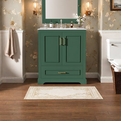 Meuble-lavabo de salle de bain avec lavabo, panneau de fibres à densité moyenne et structure en bois massif, 1 tiroir de séparation et 2 portes à fermeture en douceur
