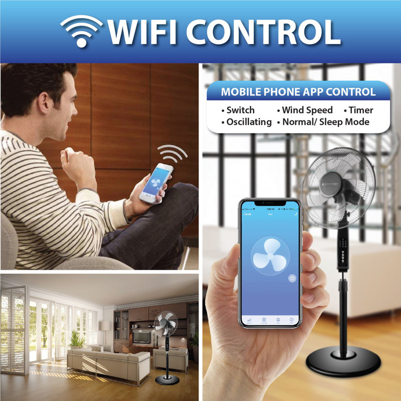 Technical Pro Wifi Enabled 16 Inch Standing Fan With Oscillating Feature And Compatible With Amazon Alexa/google Home Voice Control Smart Home (black)