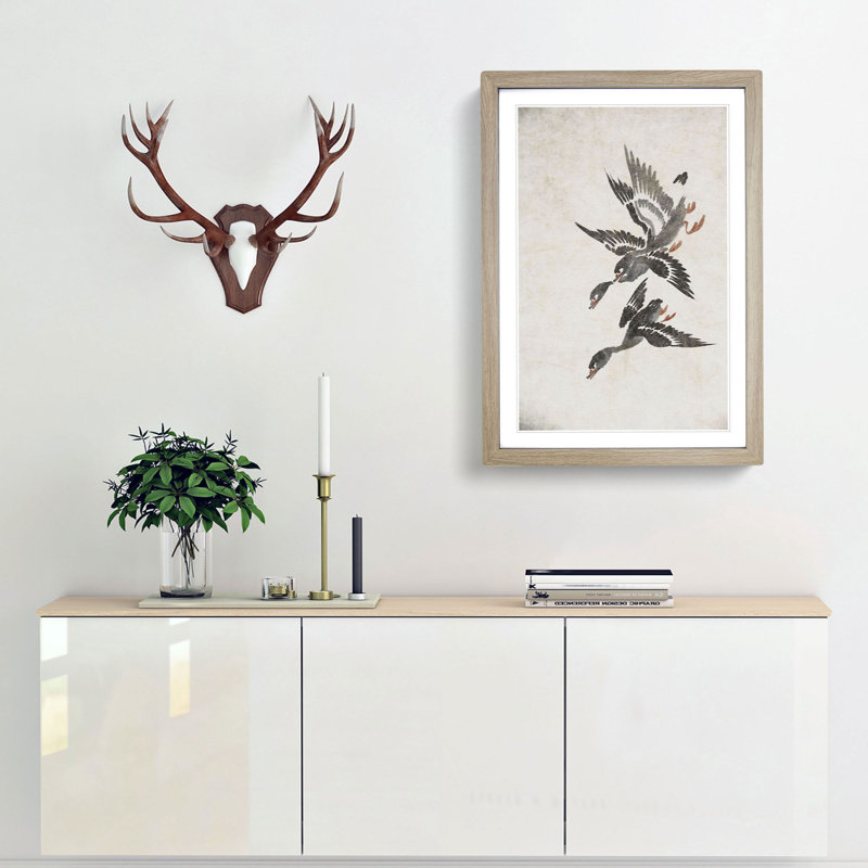 Wild Geese in Flight by Bian Shoumin - Picture Frame Painting Print, Oak Framed, 36cm H x 27cm W x 2cm D