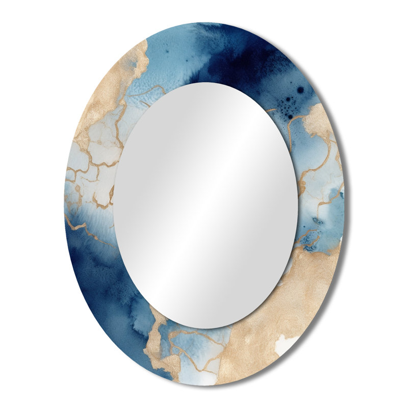 Blue And Gold Marble Clouds VIII - Large Oval Wall Mirror On Metal, 43" x 33"