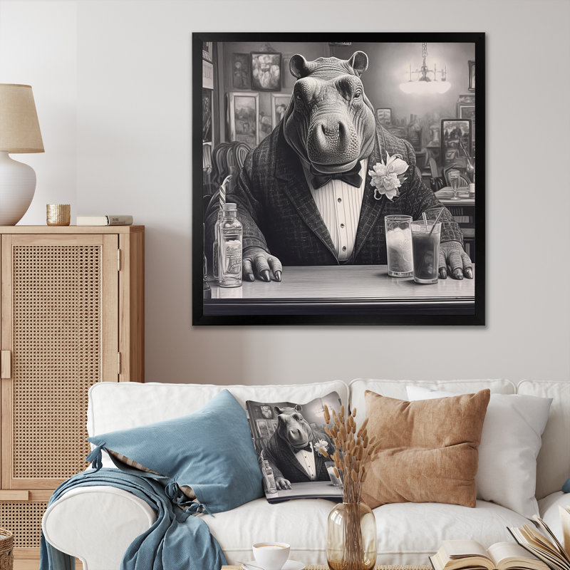«Rhino Have A Drink II» sur toile, Cadre photo noir, H 16 po x l 16 po x P 1 po