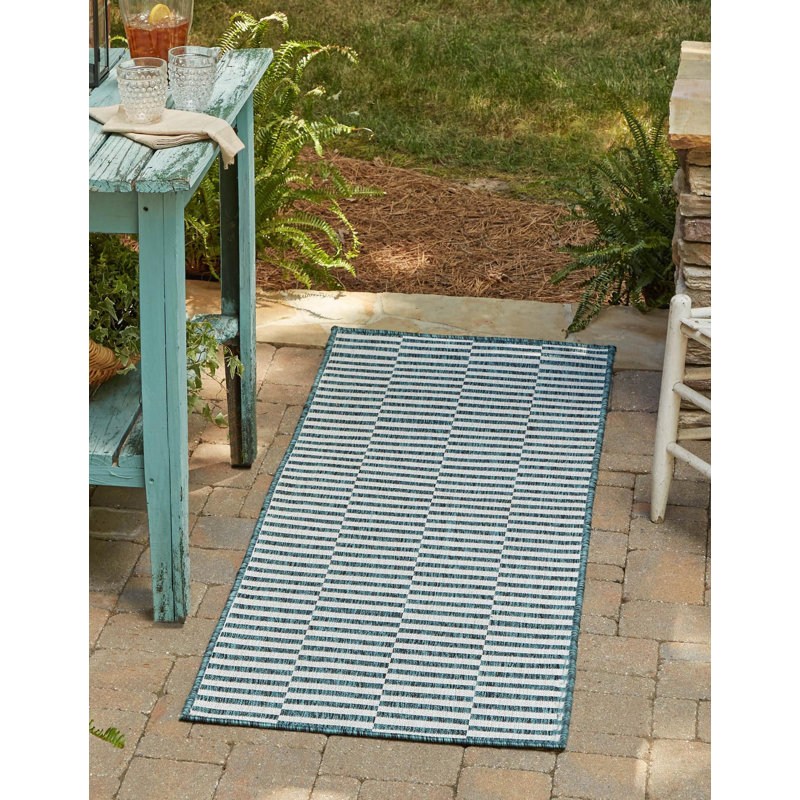 Tapis intérieur / extérieur bleu sarcelle / ivoire Noank, Tapis de couloir 2 pi x 6 pi 1 po