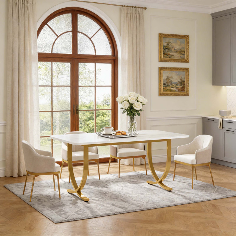 Table de salle à manger moderne avec plateau en faux marbre, Blanc et or