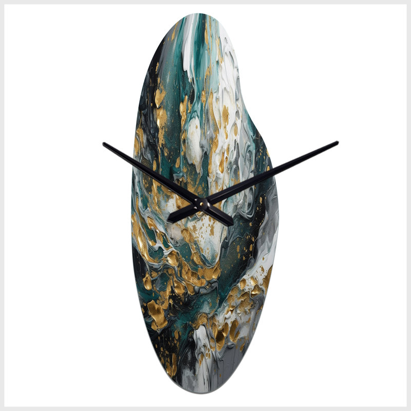 Or bleu sarcelle encre sur pierre - horloge murale incurvée abstraite en métal, impression d'horloge murale asymétrique moderne