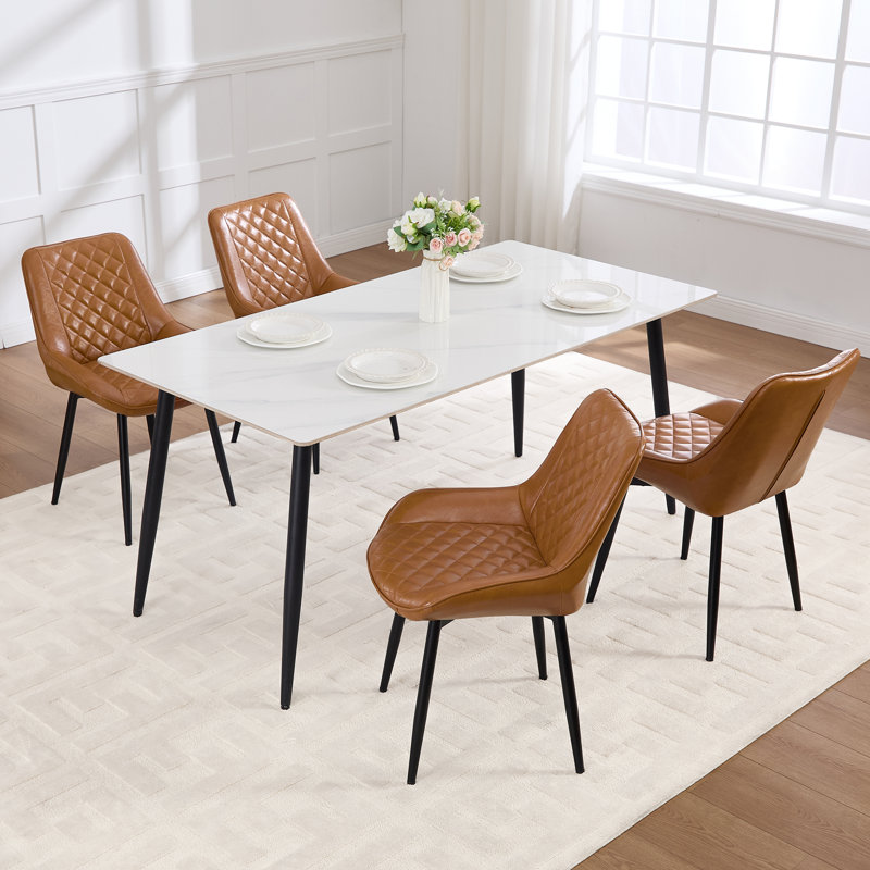 Faux Leather Upholstered Metal Dining Chair, Brown, 4
