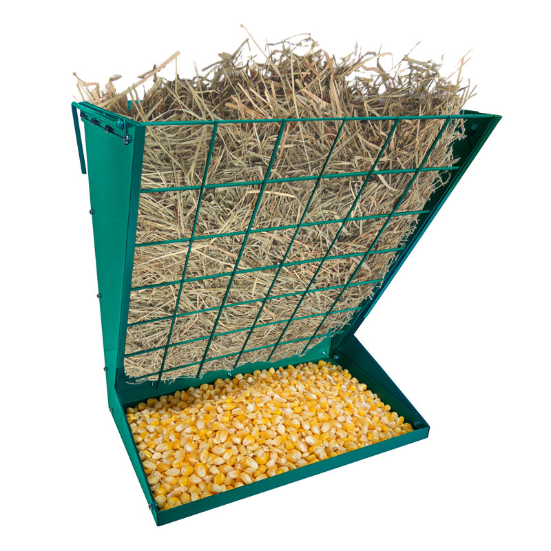Support à grain 2 en 1 en acier galvanisé robuste pour chèvre, mouton, cheval - fixation murale, suspension réglable, intérieur / extérieur, assemblage facile, vert foncé