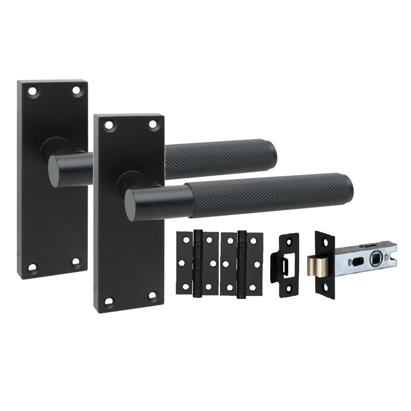 Golden Grace 4 Pair Victorian T-Bar Knurled Door Handle Matt Black Finish with Ball Bearing Hinges and Latches - 120 x 40mm