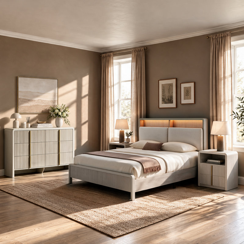 4-Piece Bedroom Set, Fluted Platform Bed with 2 Nightstands and 6-Drawer Dresser, 4 Pcs: Bed, Dresser, 2 Nightstands, King