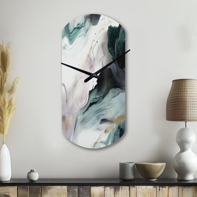 «Green and White Contemplative Abstraction II», horloge asymétrique en métal, horloge murale moderne