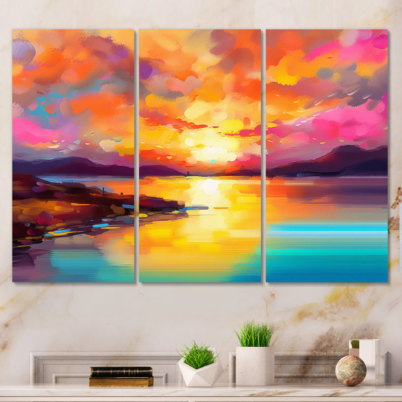 Coucher de soleil avec des reflets colorés II sur toile, 3 pièces, H 28 po x l 36 po x P 1 po