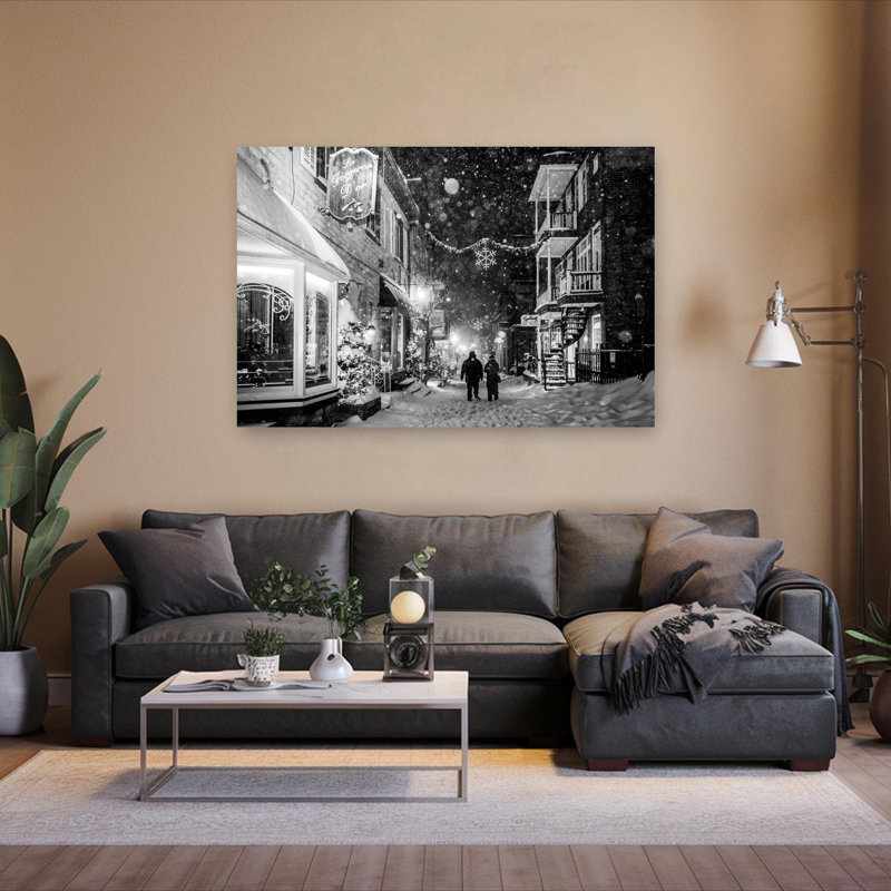 Cozy City Snowfall Romantic Abstract Contemporary City Architecture, impression d'art mural, 40" H x 60" W