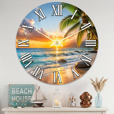 Landscape & Nature Sunset Beach Palm Tree Ocean Sky Clock Face Roman Numerals Ultra Clear Glass