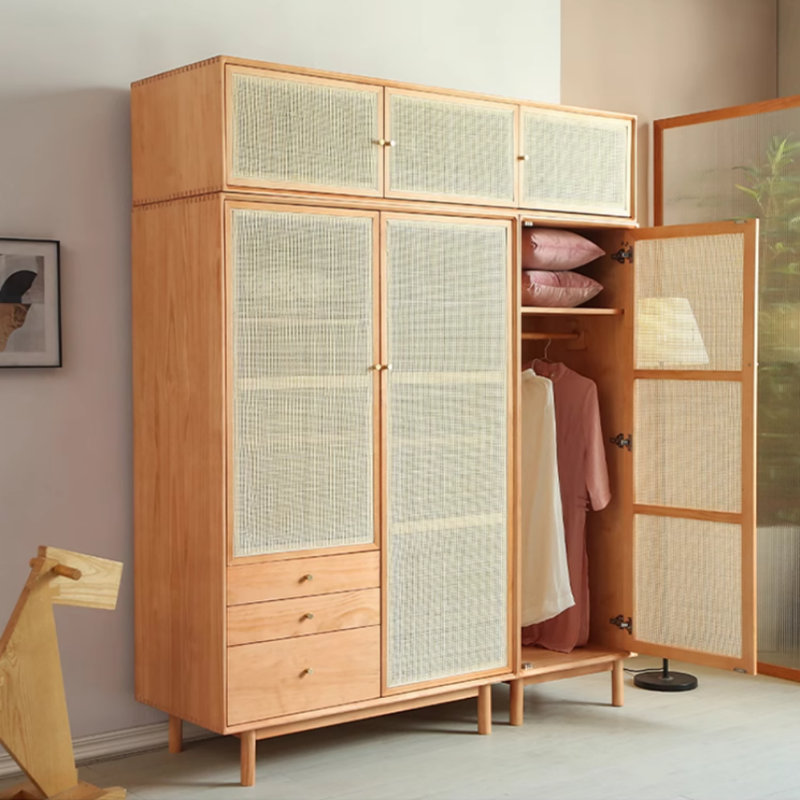 Simple Solid Wood and Rattan Woven Wardrobe