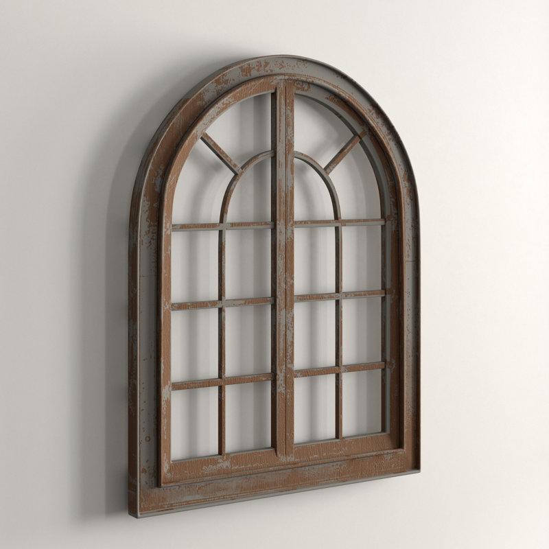 Wood Arched Vintage Window Pane Abstract Wall Decor with Brown Distressing, Gray