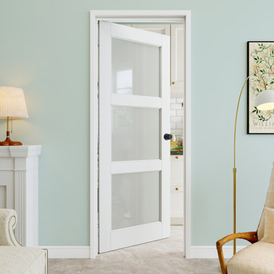 30" x 96" 3-Lite Frosted Glass Interior Prehung Door with Round Knob and Silver Hinges, Privacy Glass Door Slab, Paintable & Waterproof, Suit for Laundry, Closet Doors, Room Doors, Left Hand