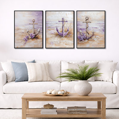 Floral Anchor on the Beach - mauve ancre, ensemble d'art mural encadré de 3