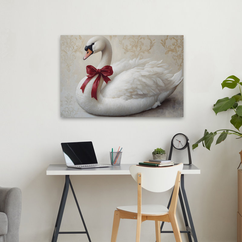Festive Swan - cygne contemporain, ruban rouge, art d'oiseau élégant, H 36 po x l 24 po