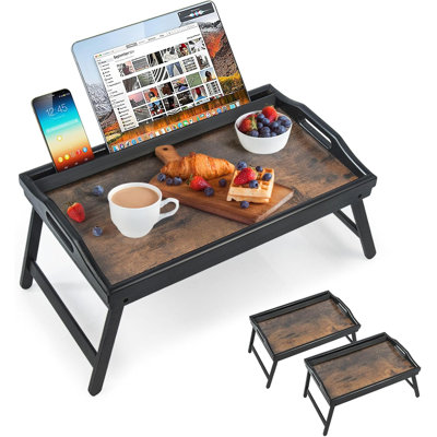 2 Pack Bed Tray Table Breakfast Trays Serving Tray Bamboo Bed Laptap Floding Legs With Handles And Phone Holders