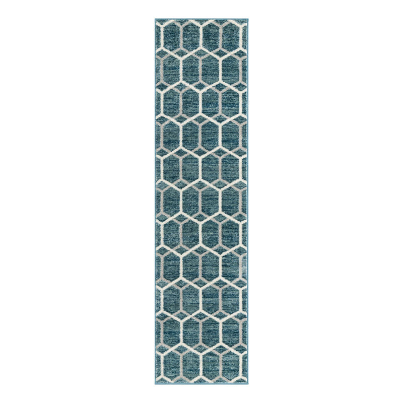Tapis bleu / ivoire en laine Numa, Tapis de couloir 2 pi x 8 pi