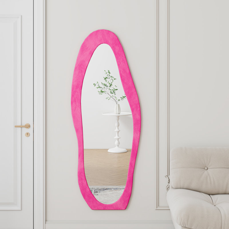 Miroir mural 63 po x 24 po et miroir au sol, enveloppé de flanelle, ondulé irrégulier, incassable, rose pour salon pleine longueur, haute définition, chambre à coucher