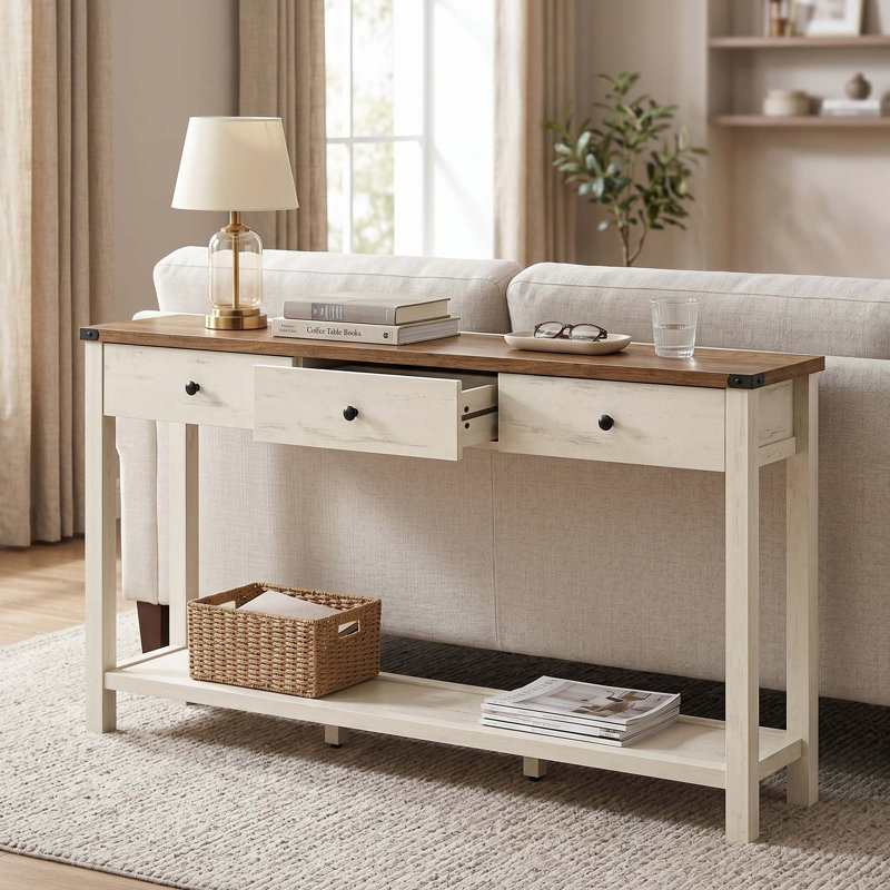 Console Saha 63,4 po à 3 tiroirs, H 30,3 po x l 63,4 po x P 9,8 po, Blanc rustique