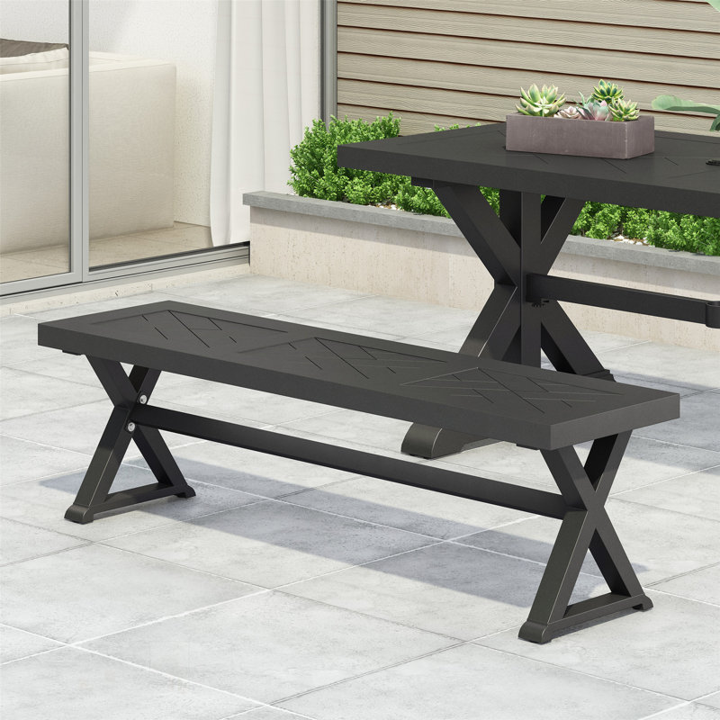 Banc de salle à manger antique noir mat antique, structure en aluminium durable avec pieds en forme de X pour un attrait moderne et rustique
