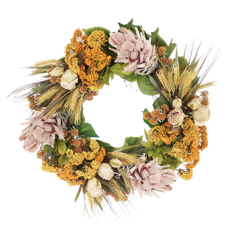 Pumpkin Spice & Everything Nice 26" Fall Wreath with Queen Anne's Lace, Lilacs, Banksia and Wheat, Beige/Orange