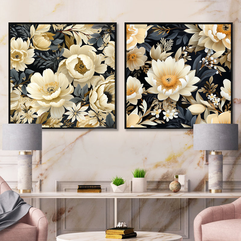 Pétales de fleurs blanches au paradis - ensemble de 2 collages floraux carrés, Cadre flottant noir, H 36 po x l 73 po
