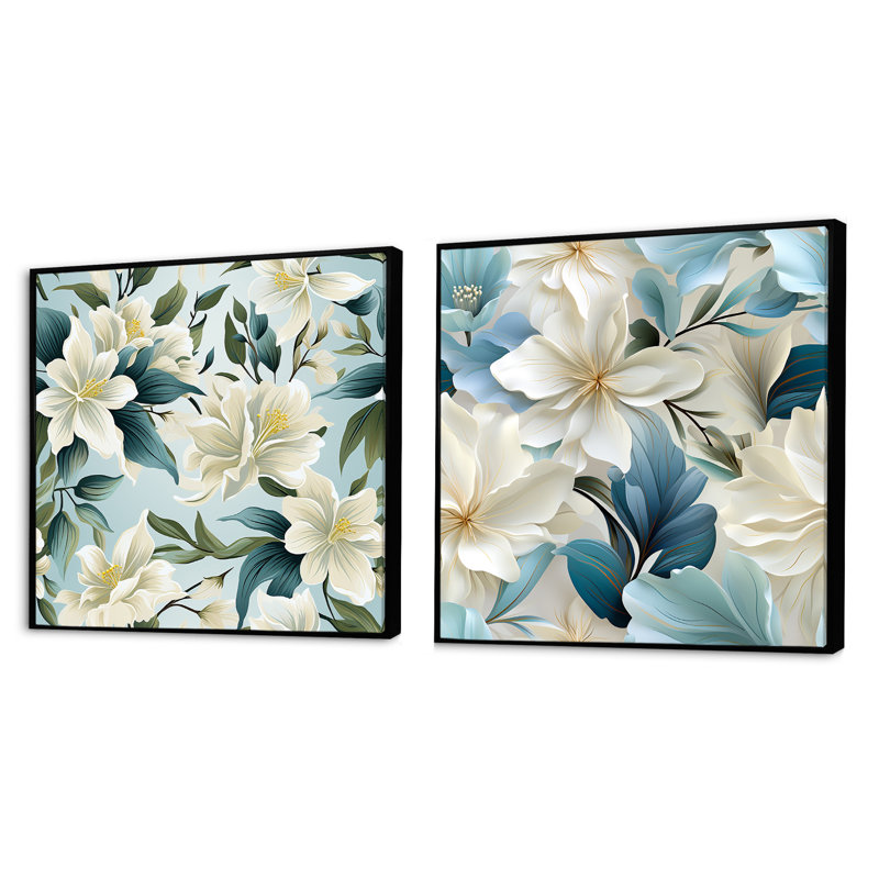 Copen - Ensemble de 2 collages floraux carrés, Cadre flottant noir, H 16 po x l 33 po
