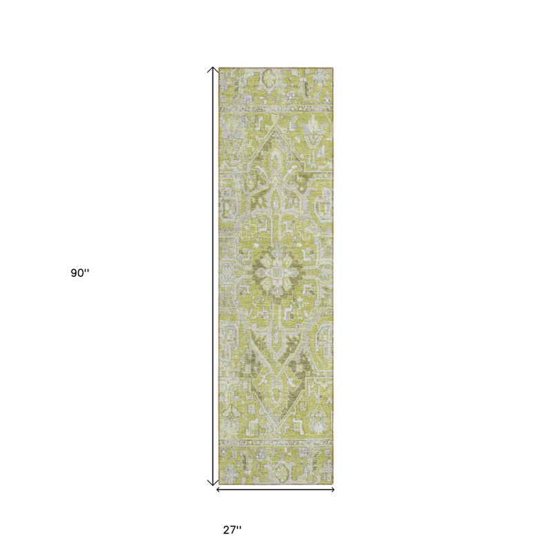 8' Runner Artichoke Green Oriental Washable Non Skid Indoor Outdoor Runner Rug