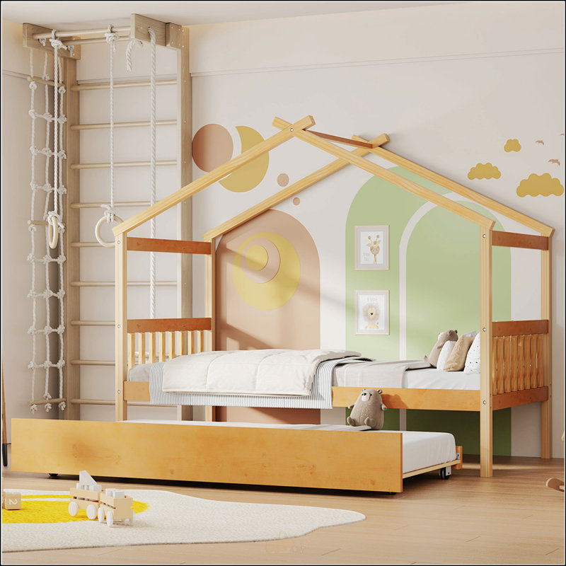Lit double en bois avec lit gigogne simple, Double, Blanc