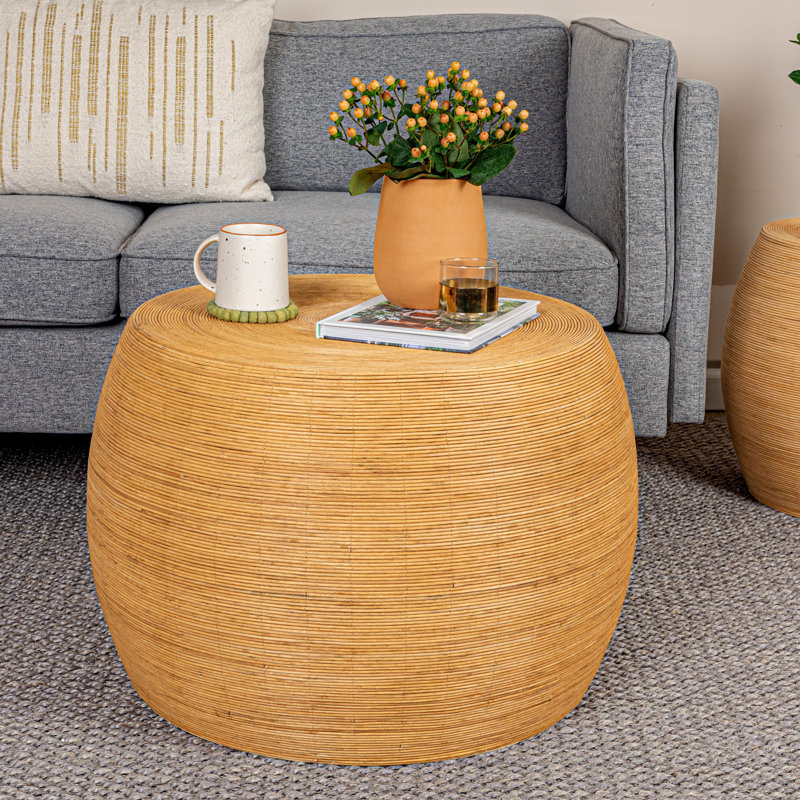 Round Bamboo Rattan Barrel Coffee Table, Natural