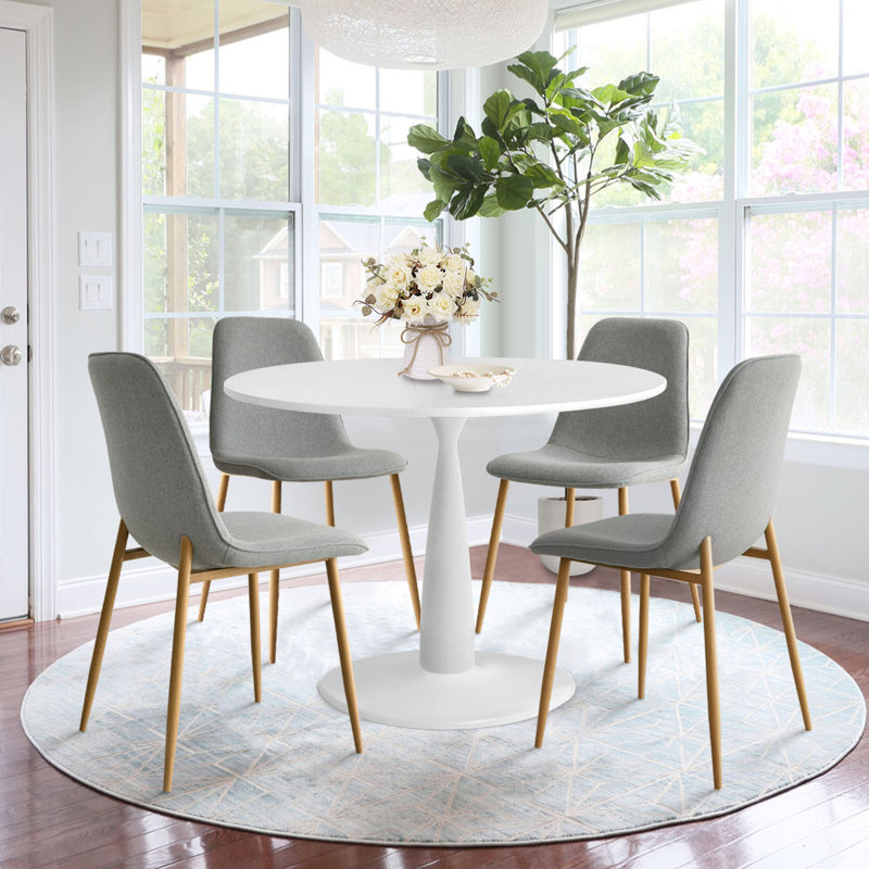 Folmar 4 - Person Dining Table Sets With 35'' Round Table & 4 Upholstered Fabric Chairs, Gray