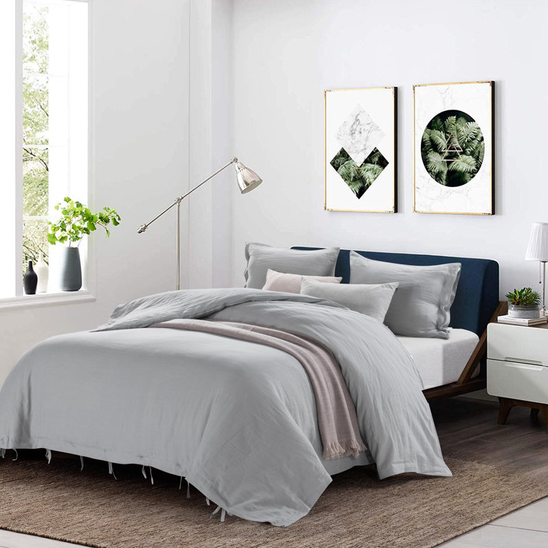  Ensemble de housse de couette en lin pur délavé à la pierre, Gris, Housse de couette grand + 2 taies décoratives