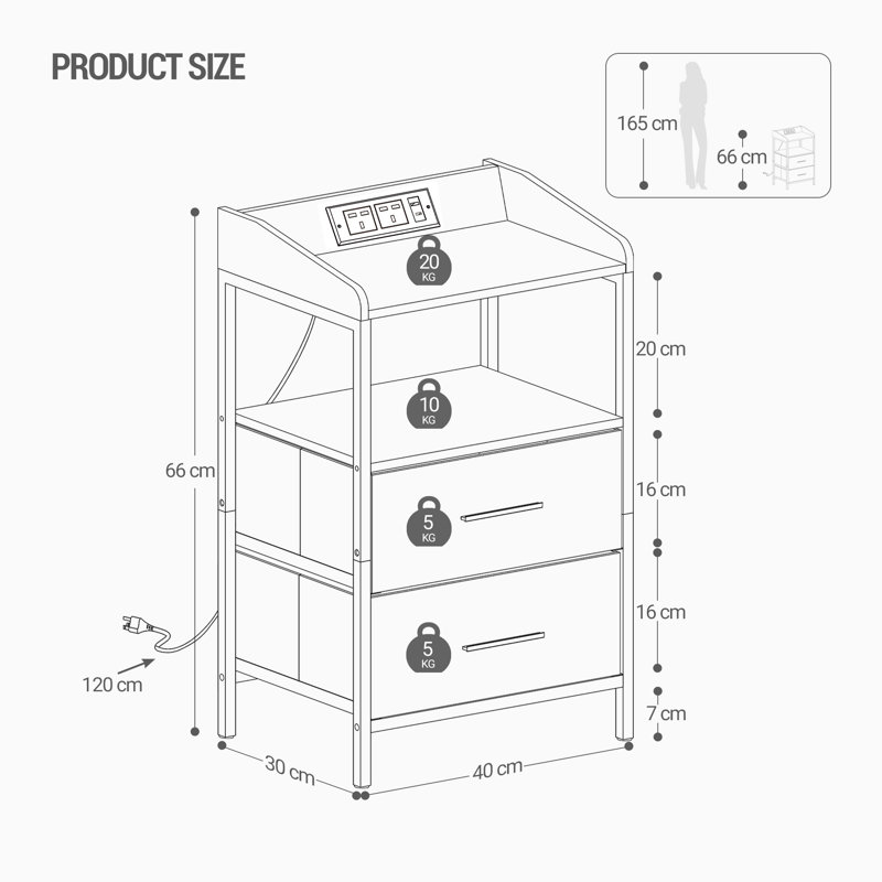 Bedside Table with LED Lights and Charging Station, Bedside Cabinet with 2 Fabric Storage Drawers, Nightstand with USB Ports & TypeC for Bedroom, Livingroom